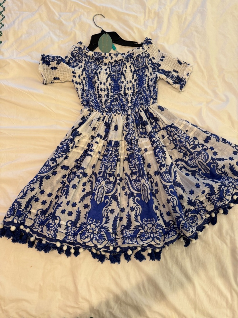 Women Antica Sartoria Blue and White Smocked Off-Shoulder Dress